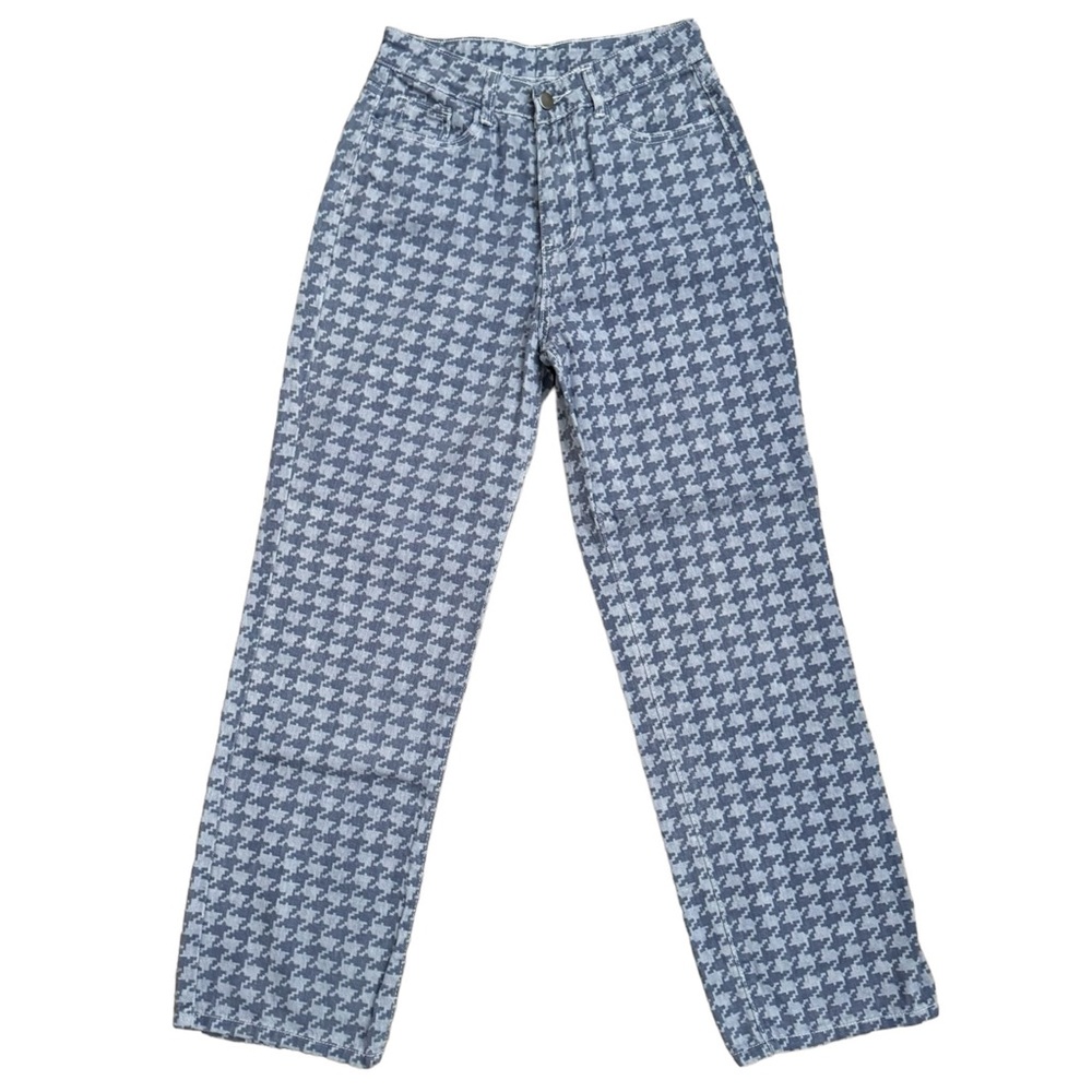 Houndstooth Print High Waisted Straight Leg Jeans